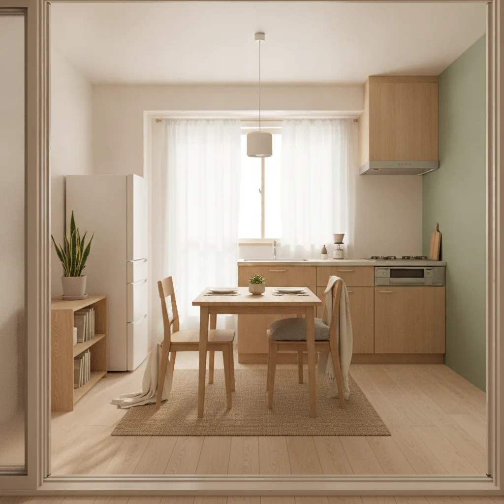 1DKのDK（6畳）に北欧スタイルで2人用ダイニングテーブルと本棚、観葉植物を配置した部屋のAI生成イメージ