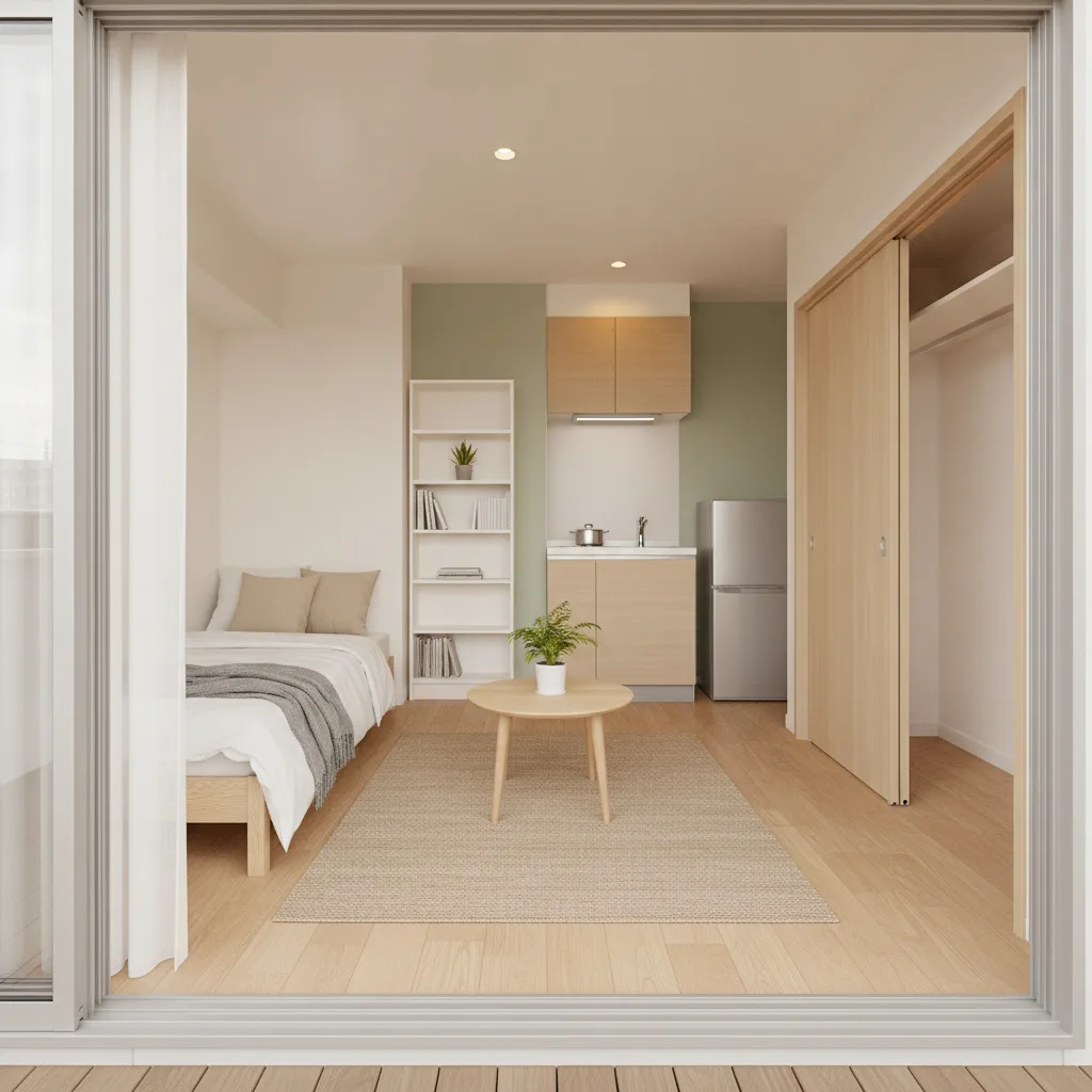 7畳のワンルームでベッドと白い本棚を壁沿いに寄せ、部屋の中央に丸いローテーブルとラグだけを置いた北欧スタイルのAI生成イメージ